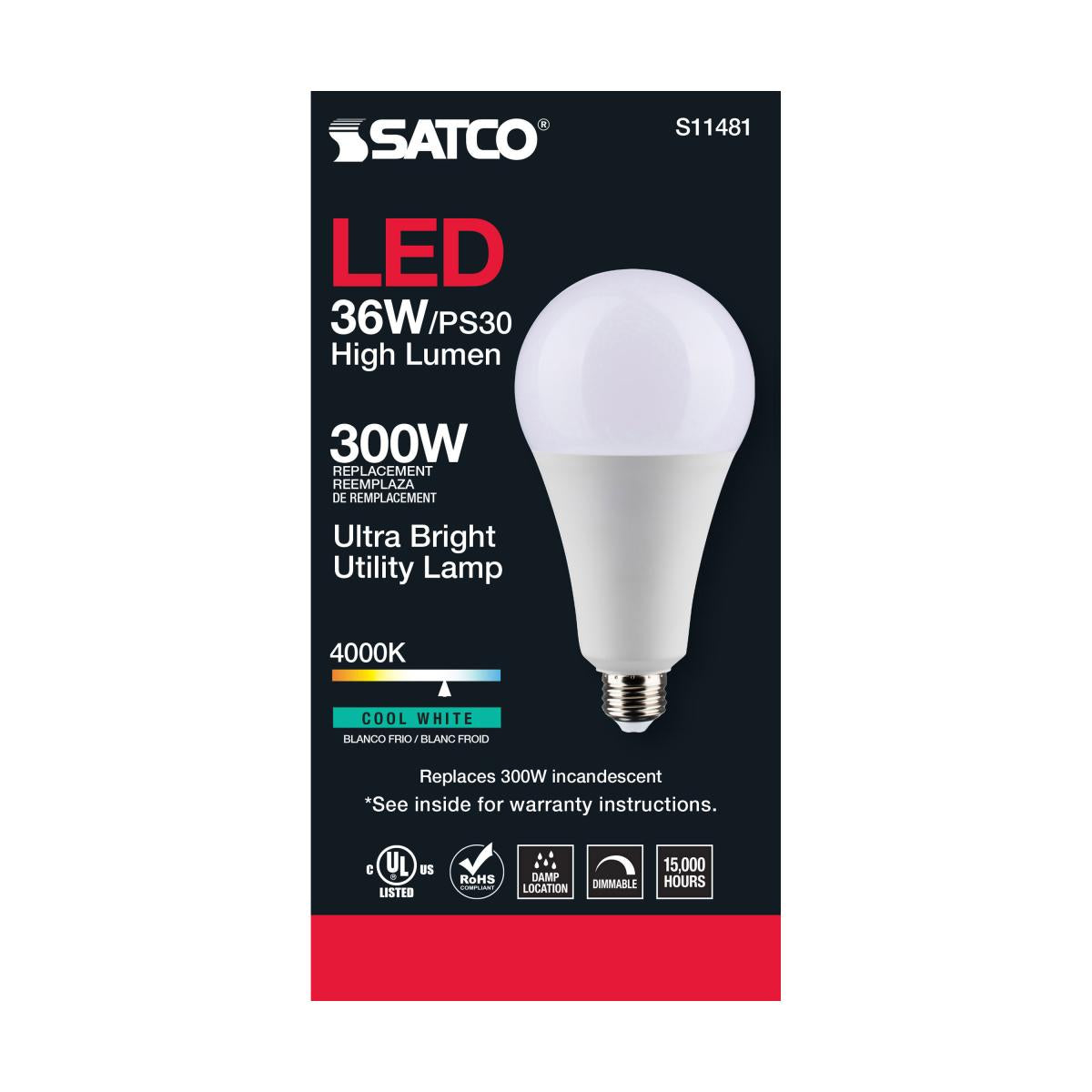 Utility Lamp PS30 LED Bulb, 36 Watts, 4500 Lumens, 4000K, E26 Medium Base, 300W Equal, 120V