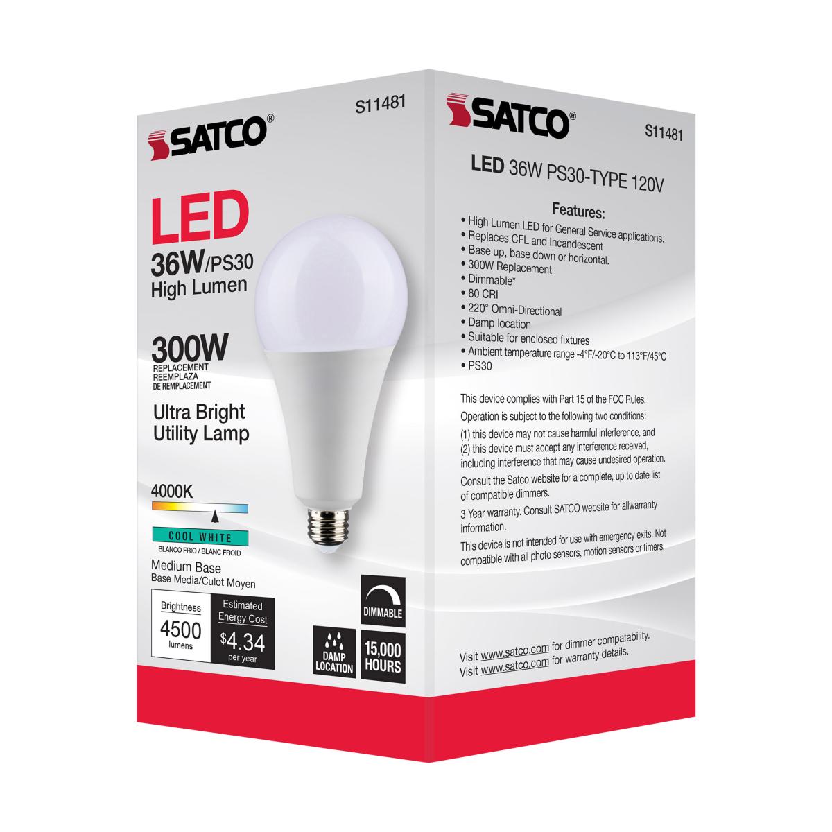 Utility Lamp PS30 LED Bulb, 36 Watts, 4500 Lumens, 4000K, E26 Medium Base, 300W Equal, 120V