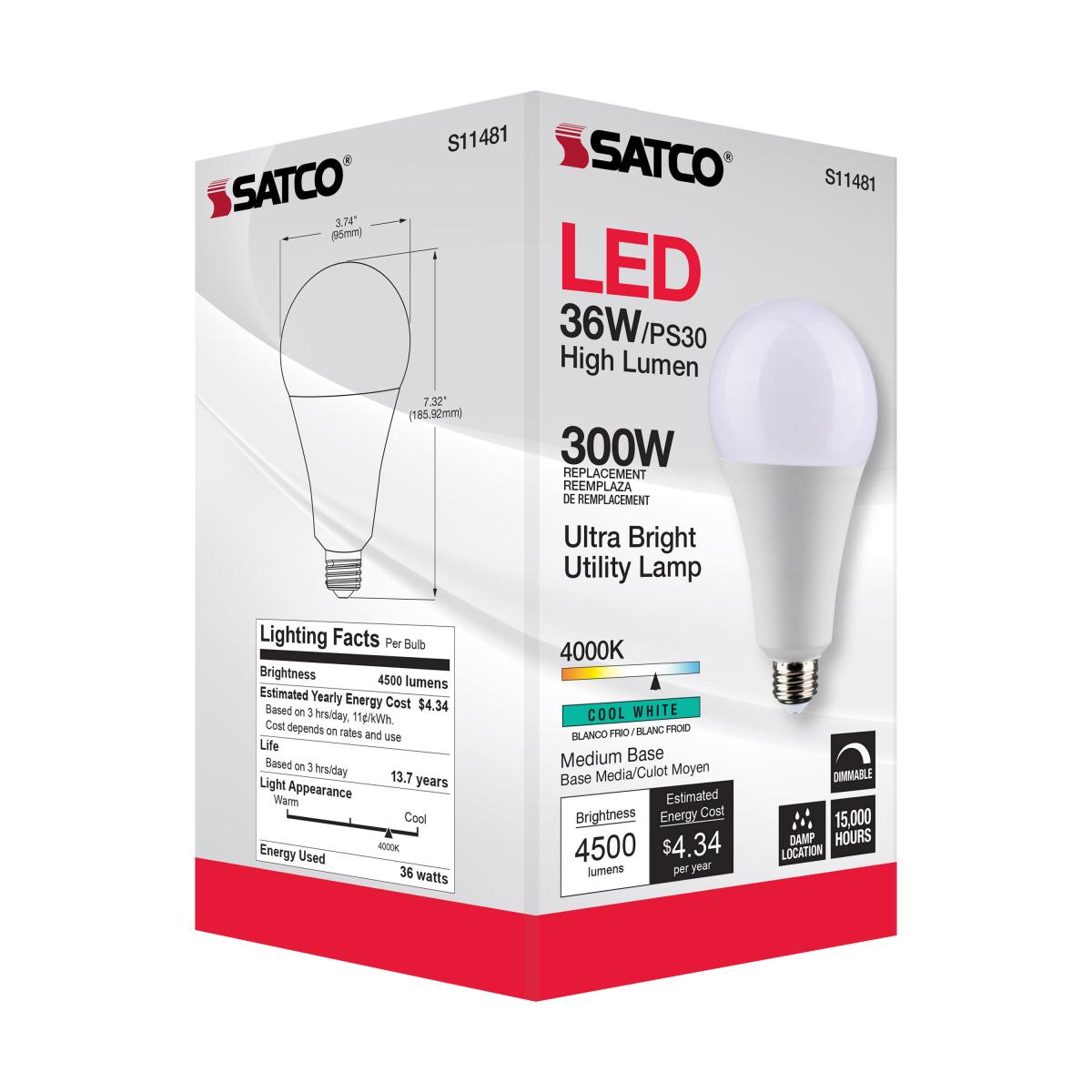 Utility Lamp PS30 LED Bulb, 36 Watts, 4500 Lumens, 4000K, E26 Medium Base, 300W Equal, 120V