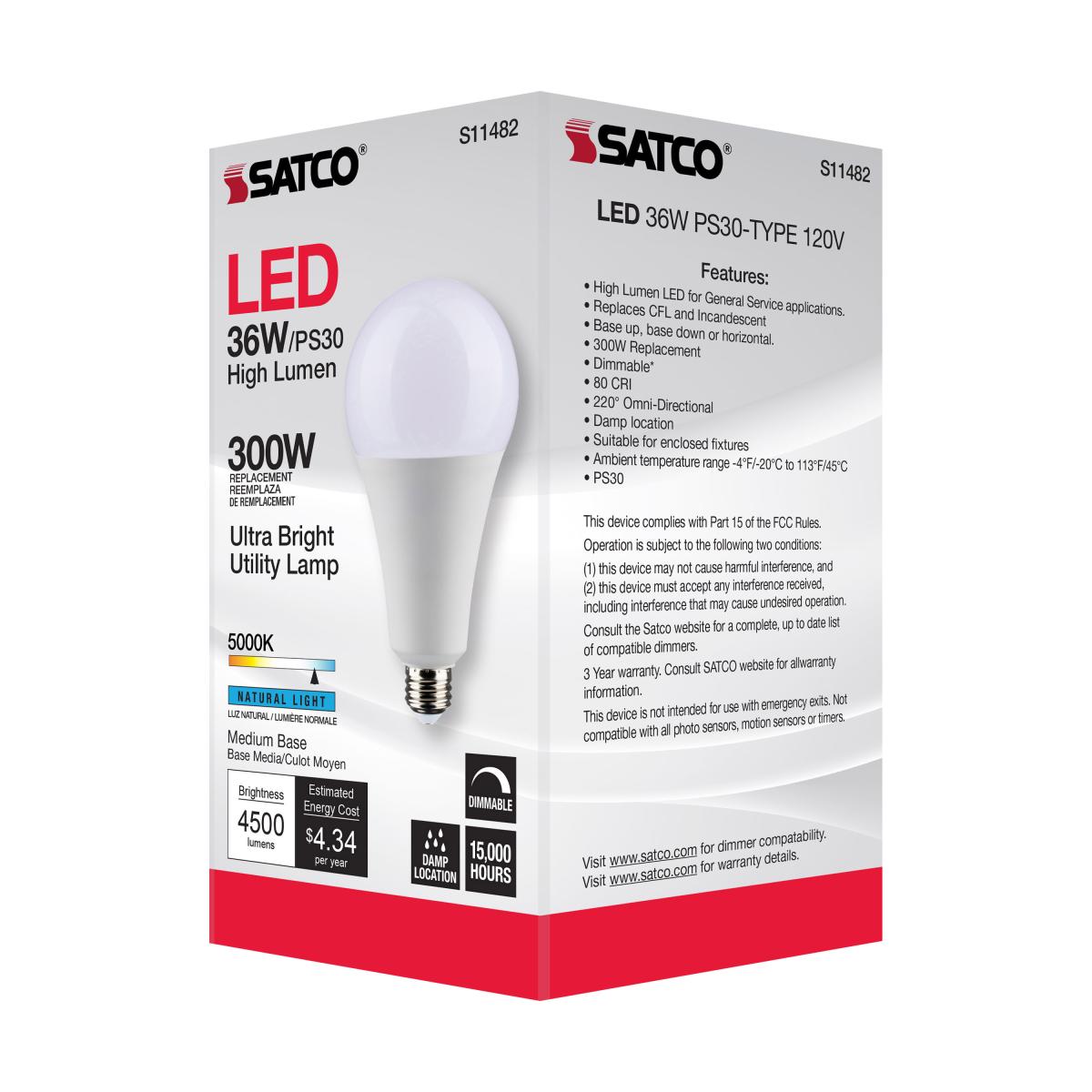 Utility Lamp PS30 LED Bulb, 36 Watts, 4500 Lumens, 5000K, E26 Medium Base, 300W Equal, 120V