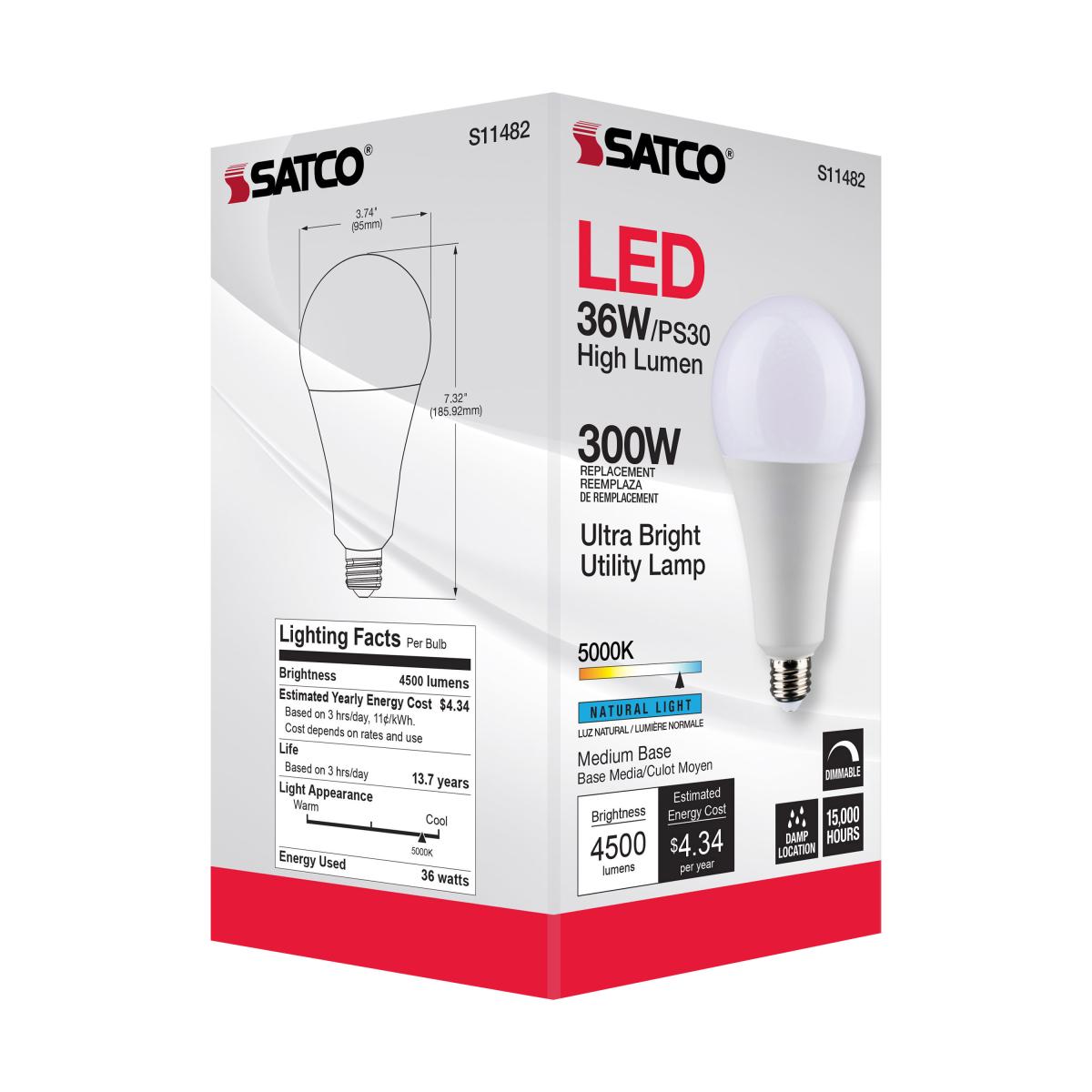 Utility Lamp PS30 LED Bulb, 36 Watts, 4500 Lumens, 5000K, E26 Medium Base, 300W Equal, 120V