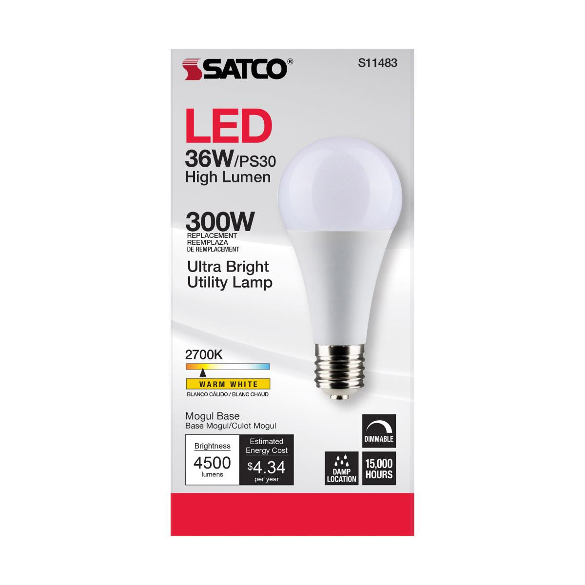 Utility Lamp PS30 LED Bulb, 36 Watts, 4500 Lumens, 2700K, E39 Mogul Base, 300W Equal, 120V