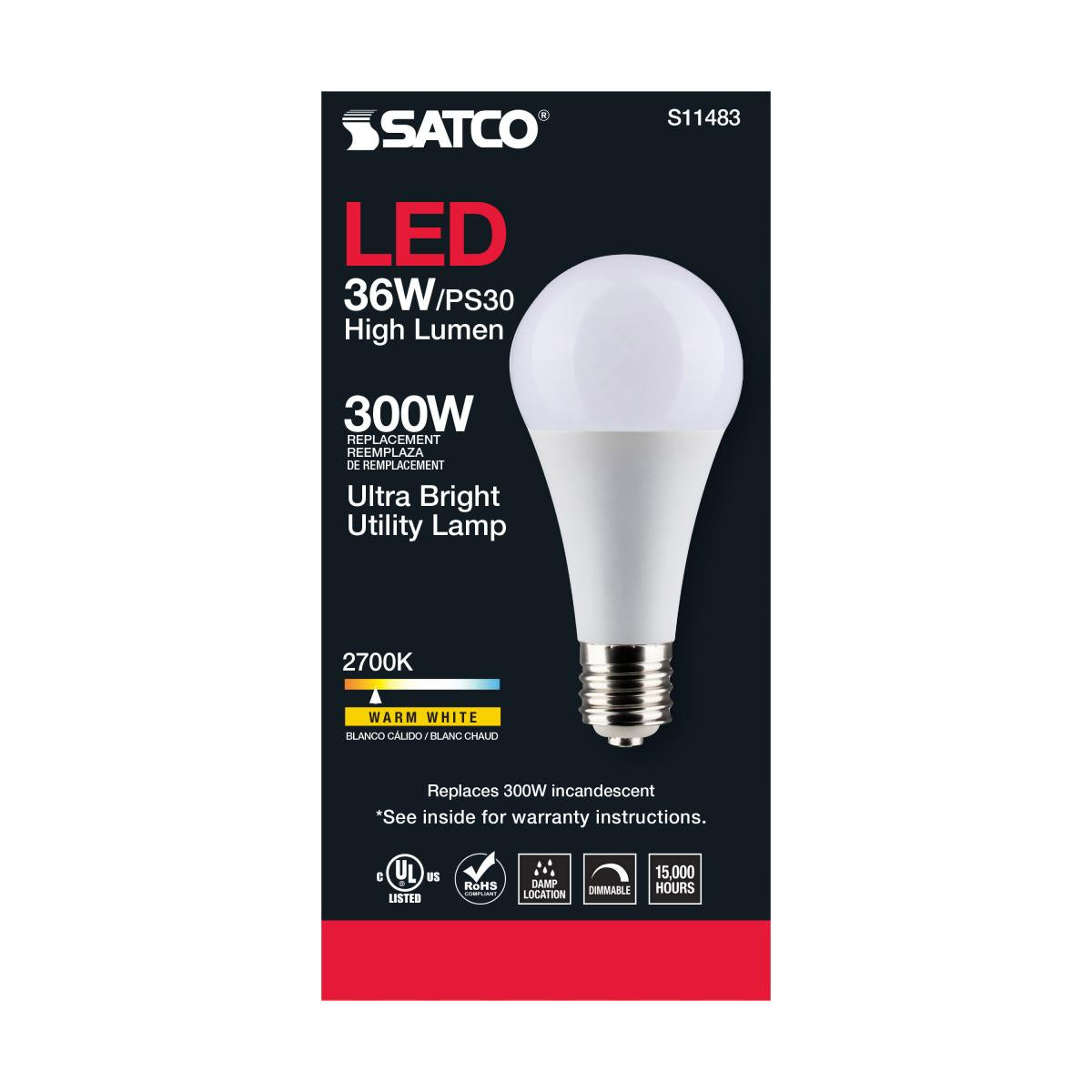 Utility Lamp PS30 LED Bulb, 36 Watts, 4500 Lumens, 2700K, E39 Mogul Base, 300W Equal, 120V