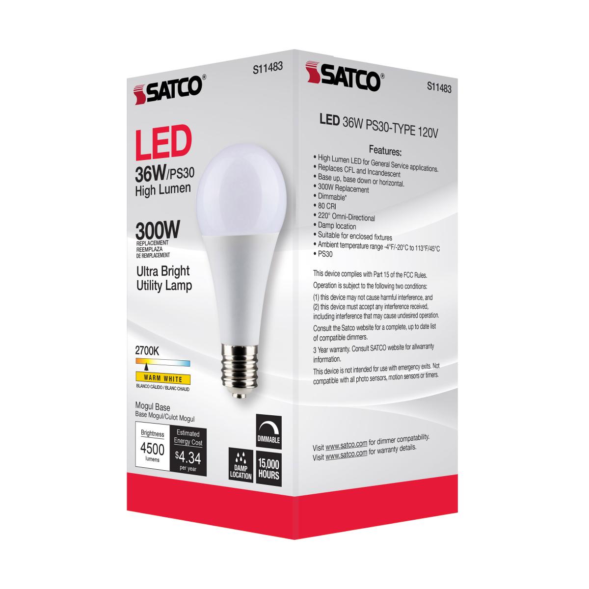 Utility Lamp PS30 LED Bulb, 36 Watts, 4500 Lumens, 2700K, E39 Mogul Base, 300W Equal, 120V