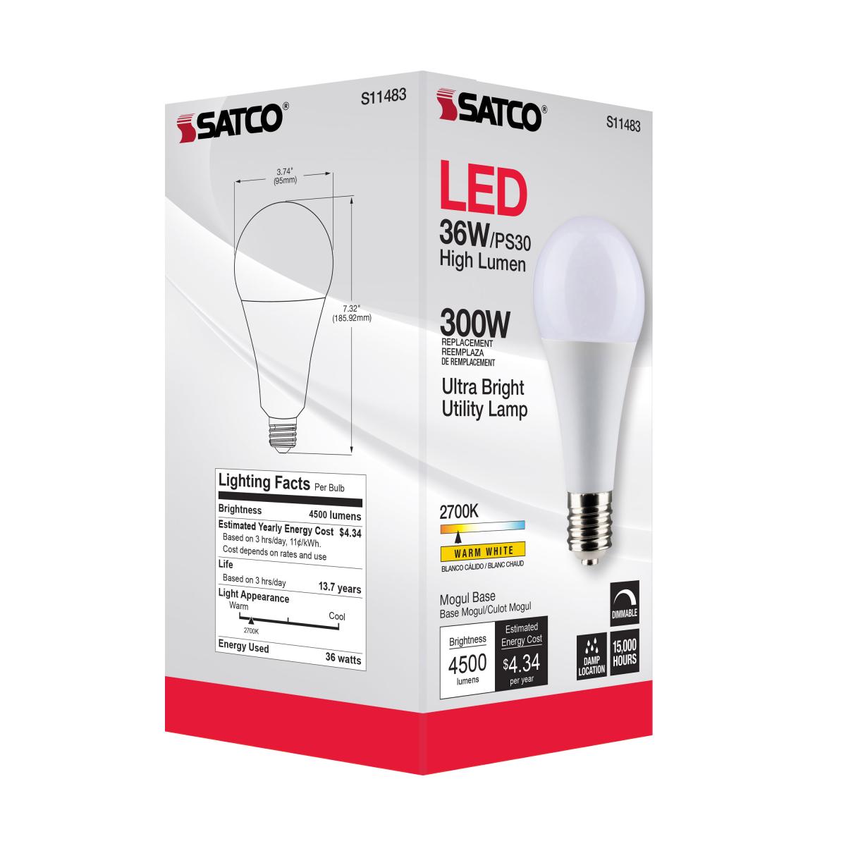 Utility Lamp PS30 LED Bulb, 36 Watts, 4500 Lumens, 2700K, E39 Mogul Base, 300W Equal, 120V