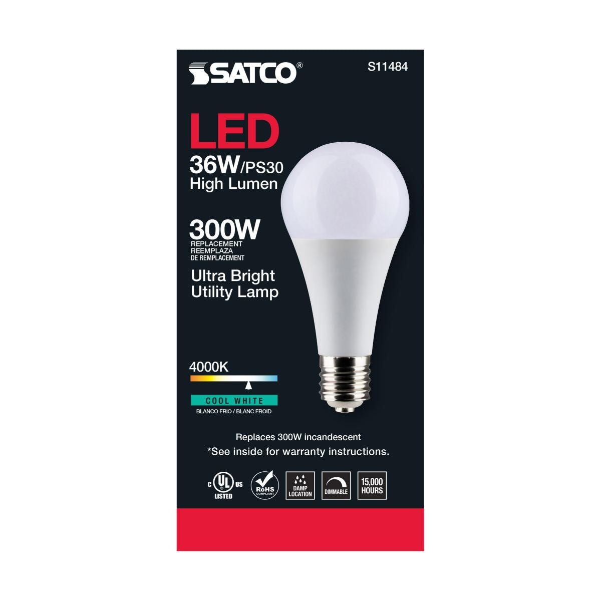 Utility Lamp PS30 LED Bulb, 36 Watts, 4500 Lumens, 4000K, E39 Mogul Base, 300W Equal, 120V