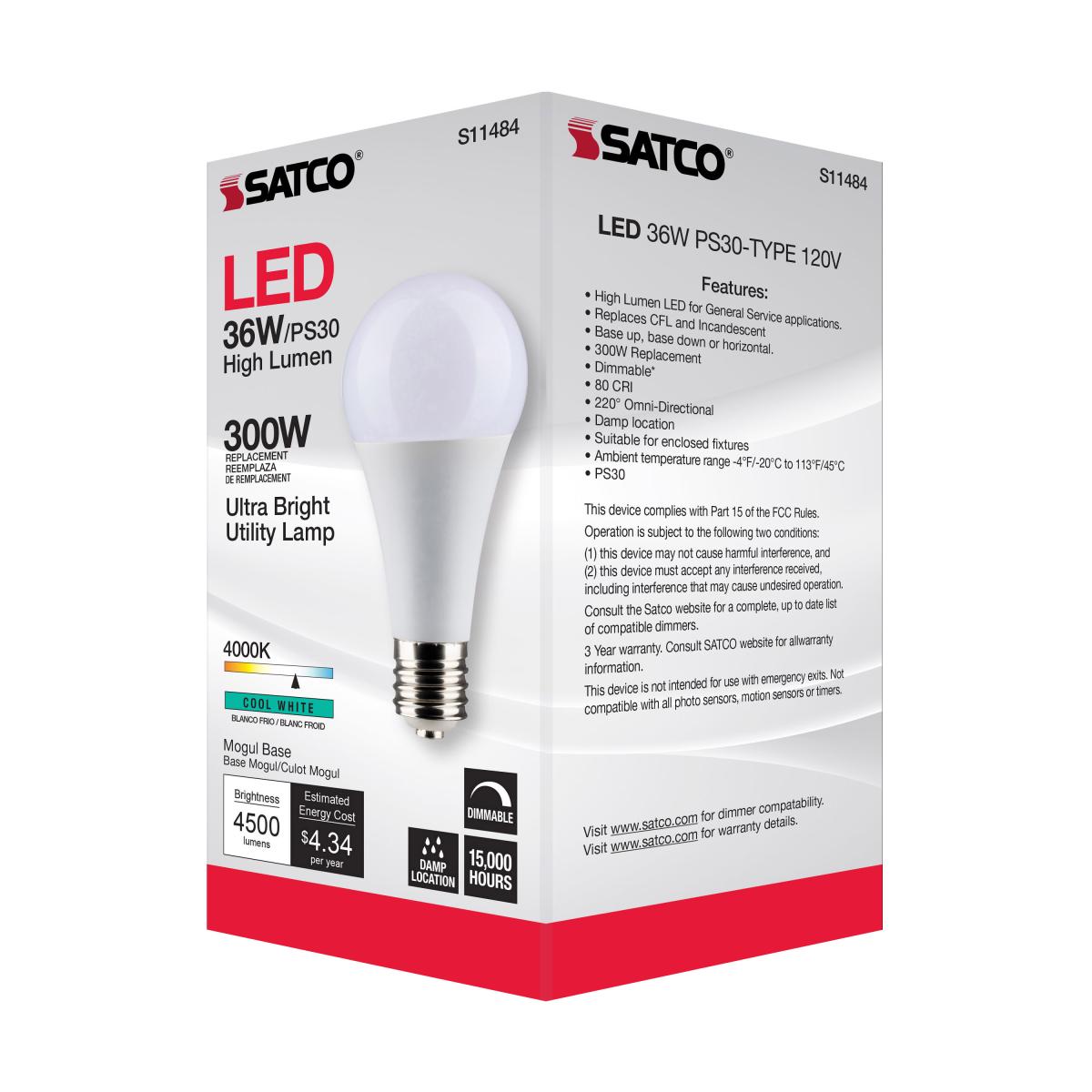 Utility Lamp PS30 LED Bulb, 36 Watts, 4500 Lumens, 4000K, E39 Mogul Base, 300W Equal, 120V