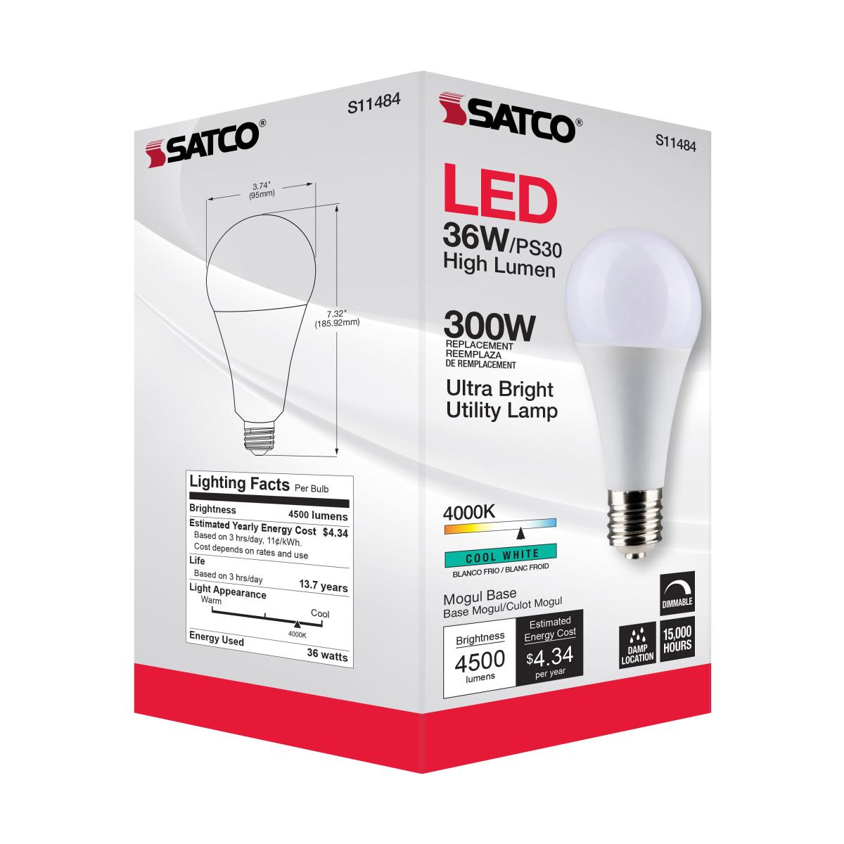 Utility Lamp PS30 LED Bulb, 36 Watts, 4500 Lumens, 4000K, E39 Mogul Base, 300W Equal, 120V