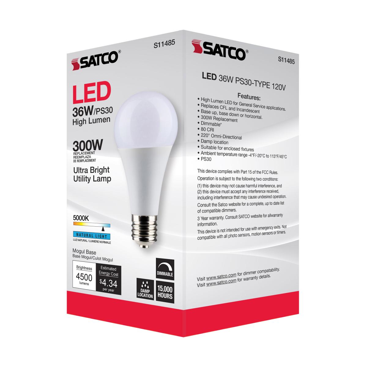 Utility Lamp PS30 LED Bulb, 36 Watts, 4500 Lumens, 5000K, E39 Mogul Base, 300W Equal, 120V