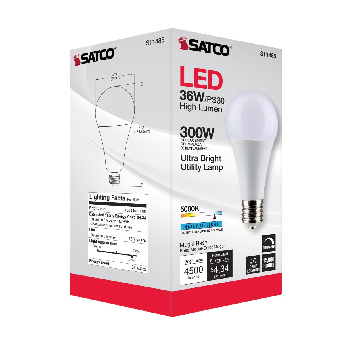 Utility Lamp PS30 LED Bulb, 36 Watts, 4500 Lumens, 5000K, E39 Mogul Base, 300W Equal, 120V