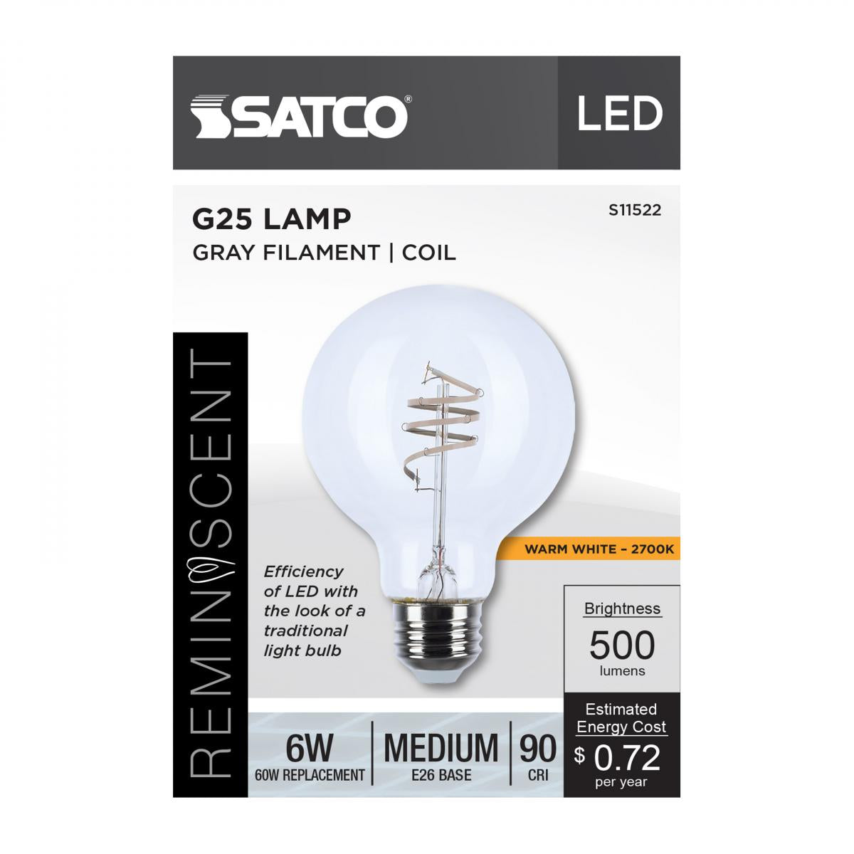 Reminiscent Gray Coil Filament G25 LED Bulb, 6 Watts, 500 Lumens, 2700K, E26 Medium Base