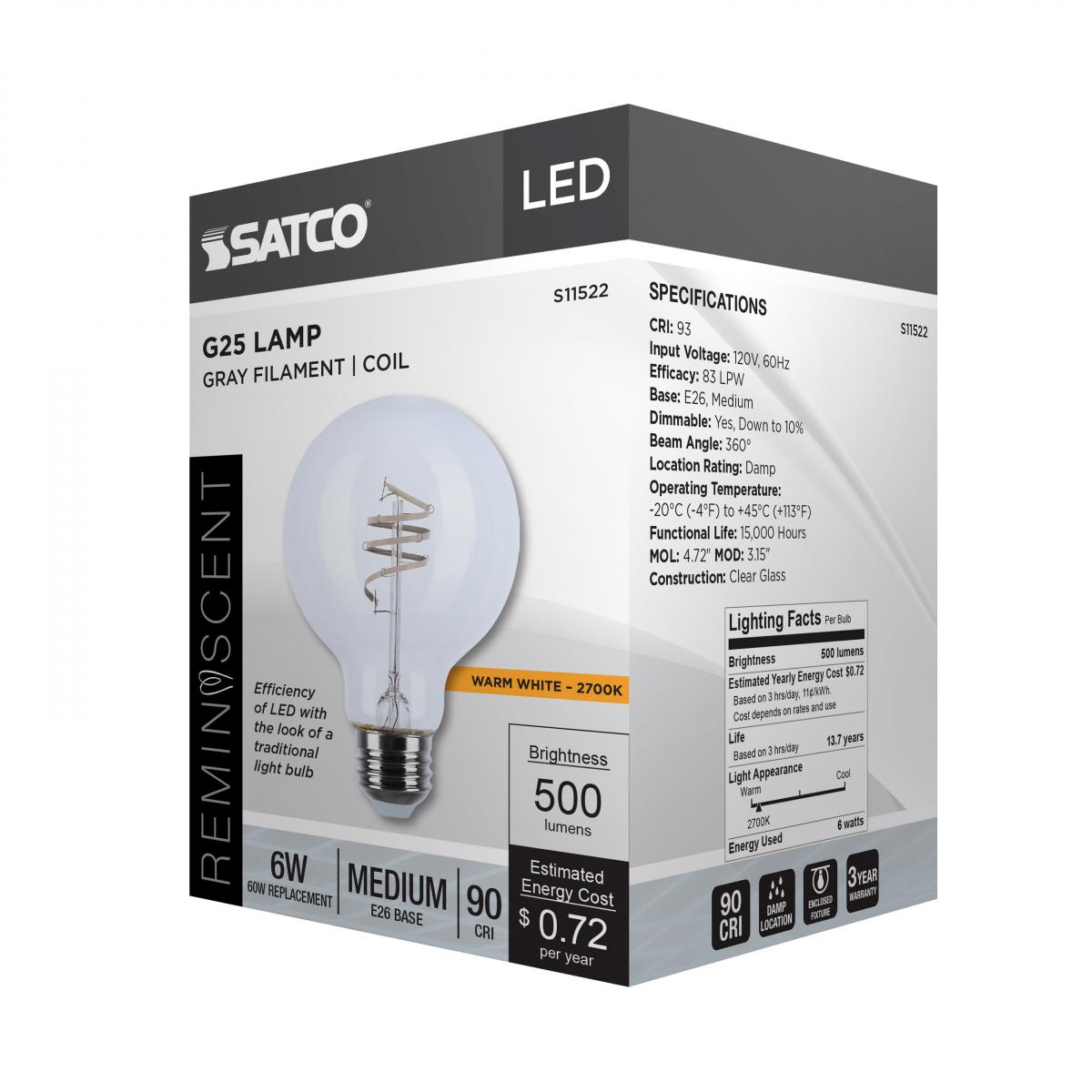 Reminiscent Gray Coil Filament G25 LED Bulb, 6 Watts, 500 Lumens, 2700K, E26 Medium Base