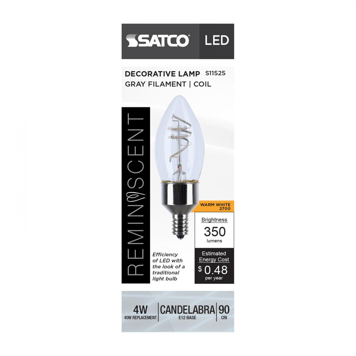 Reminiscent Gray Coil Filament B11 LED Bulb, 4 Watts, 350 Lumens, 2700K, E12 Candelabra Base