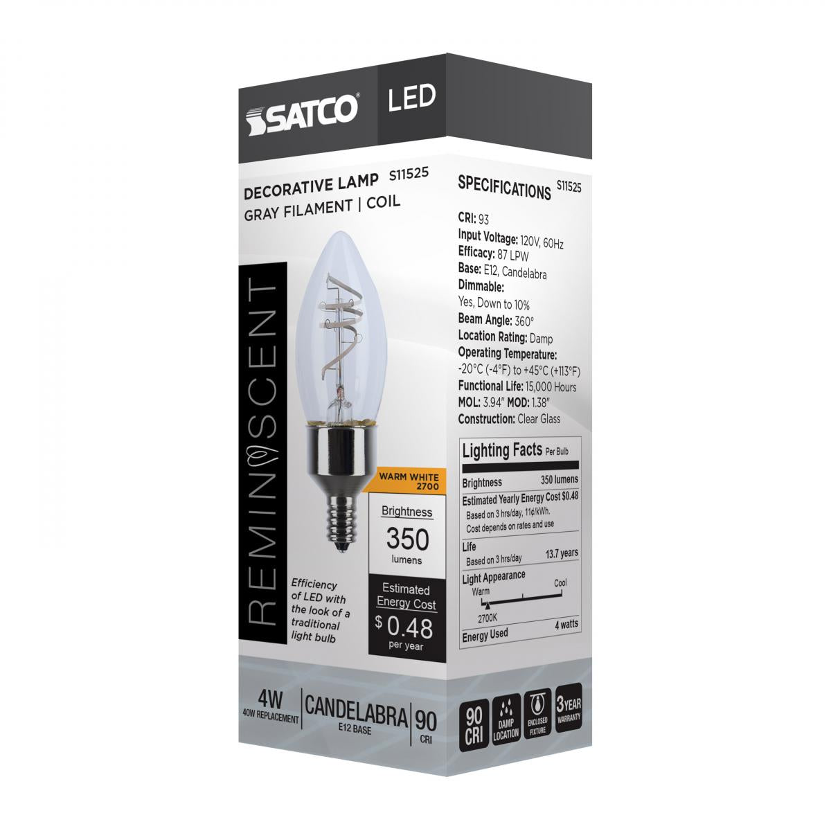 Reminiscent Gray Coil Filament B11 LED Bulb, 4 Watts, 350 Lumens, 2700K, E12 Candelabra Base