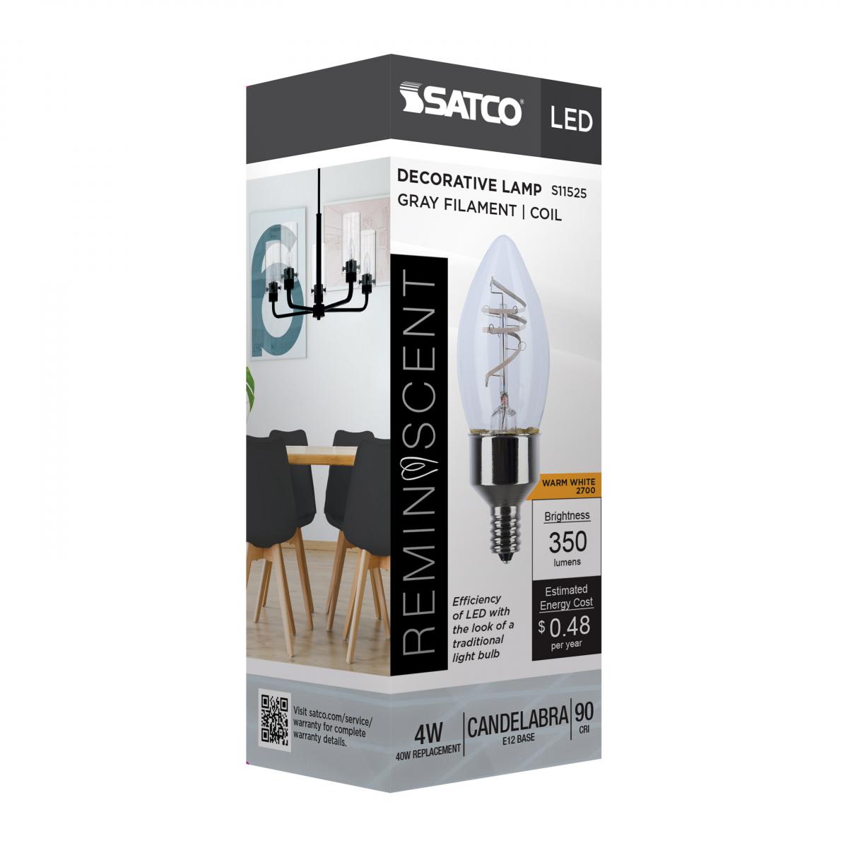 Reminiscent Gray Coil Filament B11 LED Bulb, 4 Watts, 350 Lumens, 2700K, E12 Candelabra Base