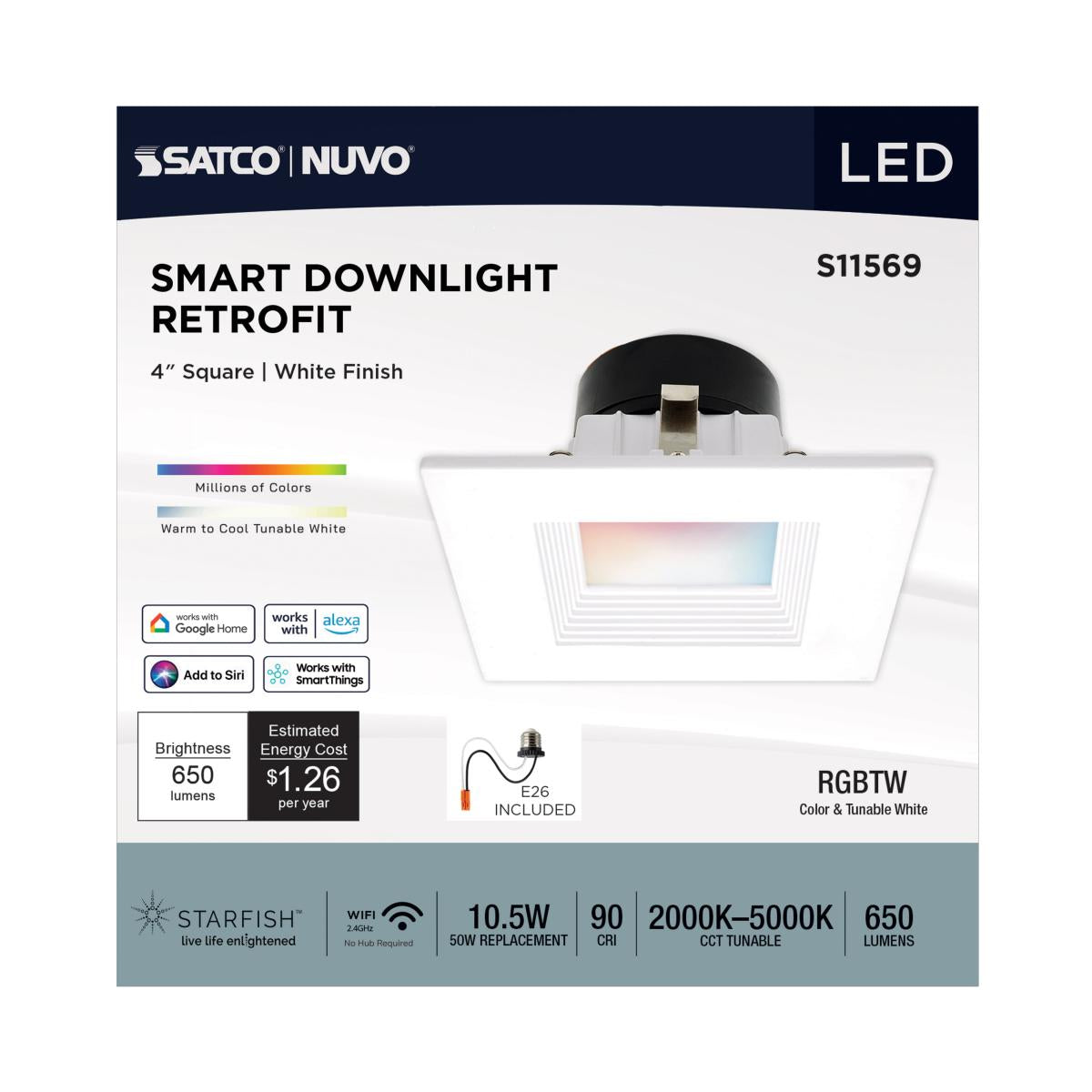 Starfish 4" Square LED Smart Retrofit Downlight, 650lm, Color and Tunable White, Baffle Trim