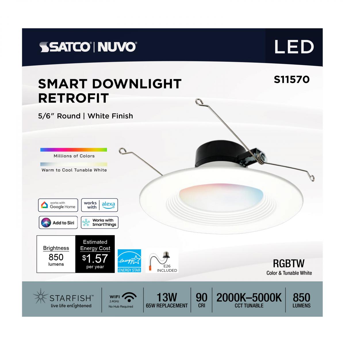 Starfish 6" Round LED Smart Retrofit Downlight, 850lm, Color and Tunable White, Baffle Trim