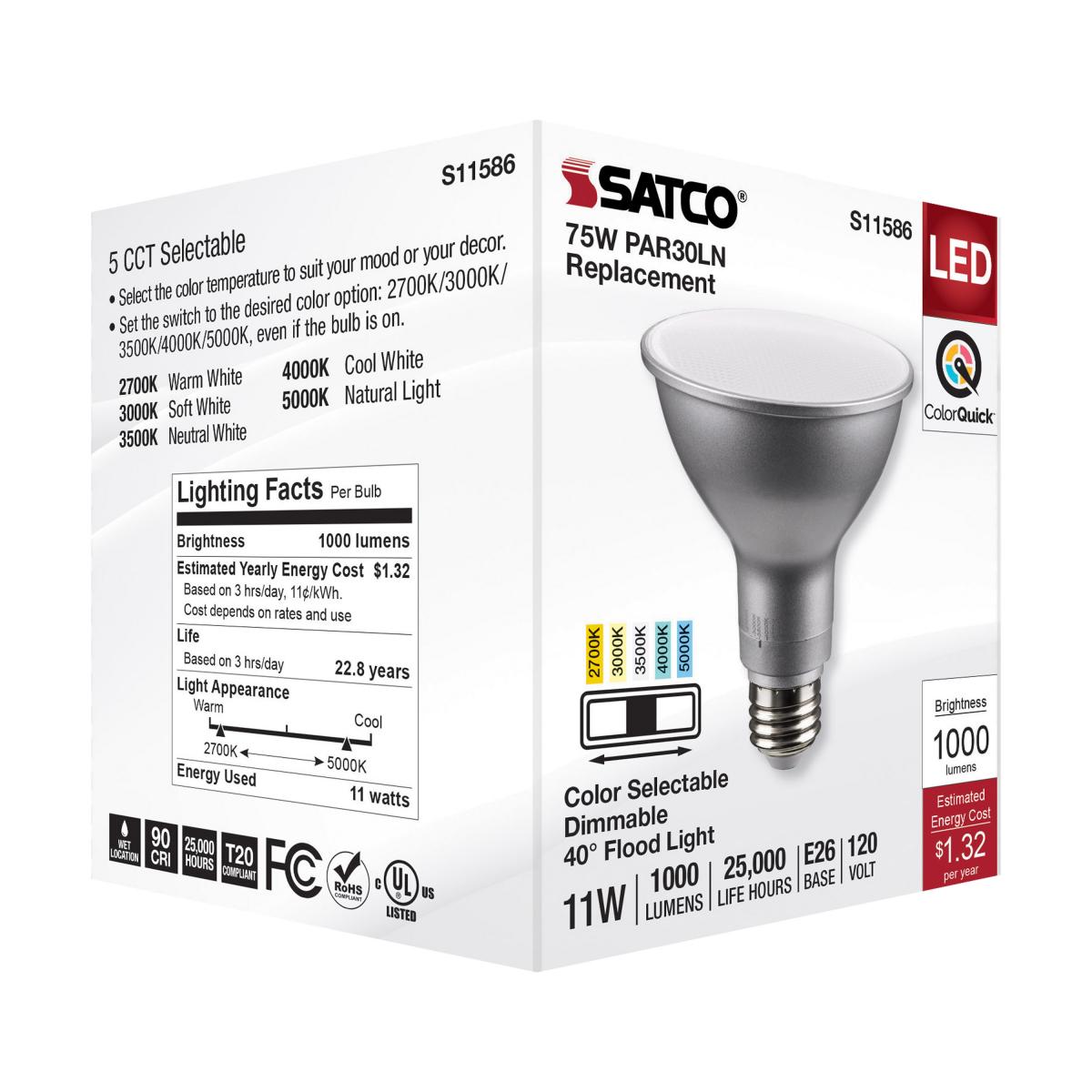 PAR30 Long Neck LED Bulb, 1000 Lumens, 75W Equal, 27K|30K|40K|50K, E26 Base, 40° Flood