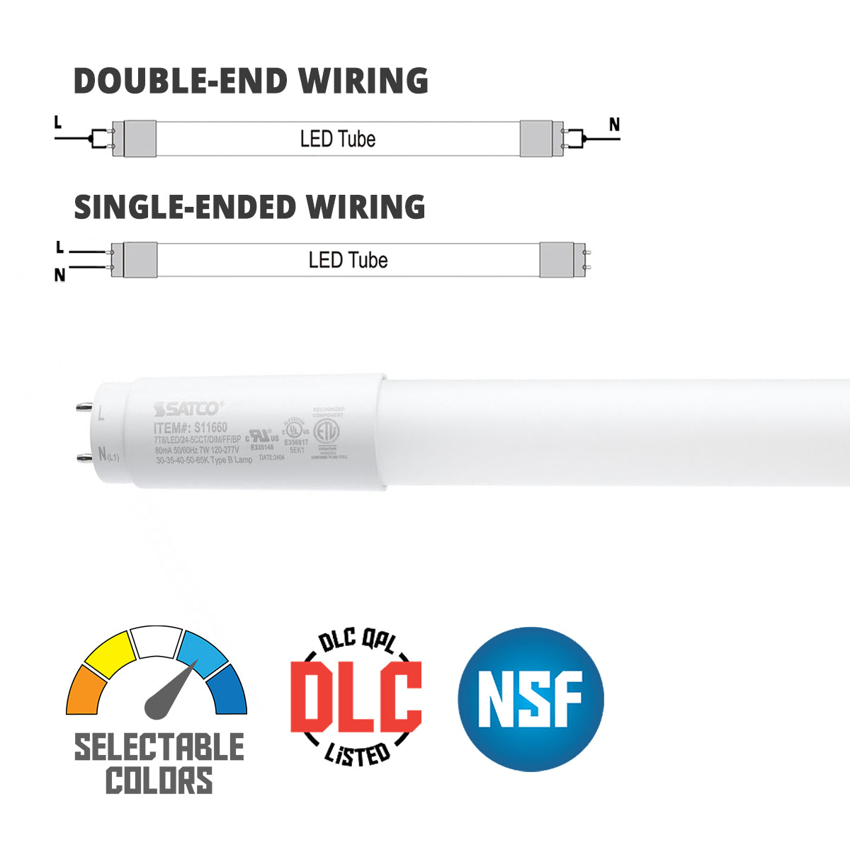 2ft Flicker Free LED T8 Tube, 7 Watts, 1000lm, 3000K to 6500K, Ballast Bypass, Single|Dual End