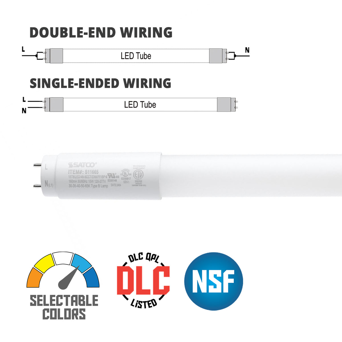 4ft Flicker Free LED T8 Tube, 15 Watts, 2200lm, 3000K to 6500K, Ballast Bypass, Single|Dual End