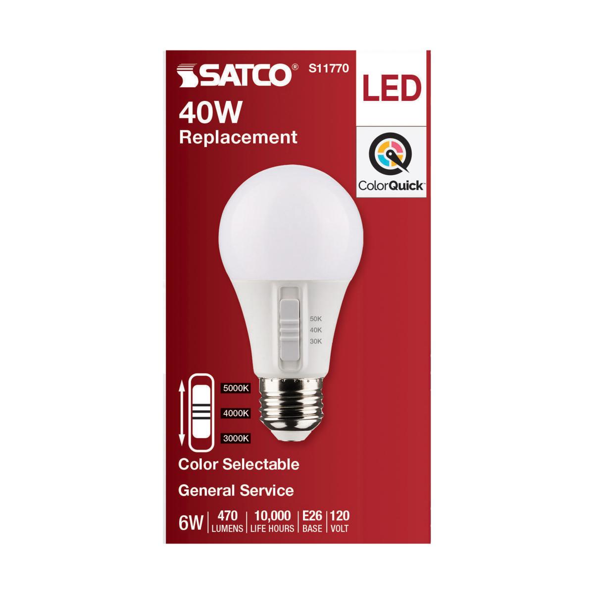 A19 LED Bulb, 6 Watts, 470 Lumens, Selectable 30K|40K|50K, 40W Equal, E26 Medium Base