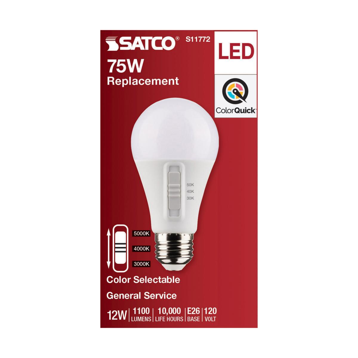 A19 LED Bulb, 12 Watts, 1100 Lumens, Selectable 30K|40K|50K, 75W Equal, E26 Medium Base