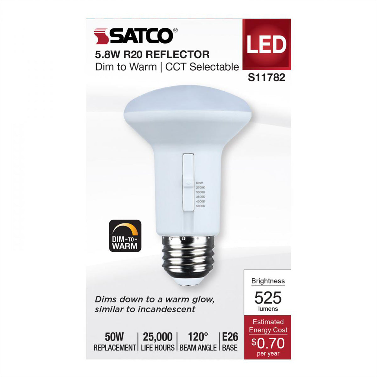 R20/BR20 LED Bulb, 6 Watts, 525 Lumens, Dim to Warm & CCT Selectable, E26 Medium Base, 120° Flood