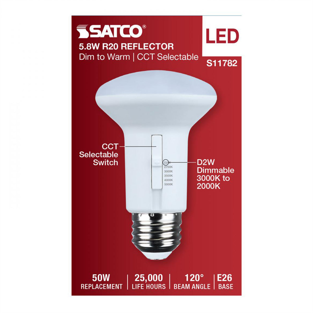 R20/BR20 LED Bulb, 6 Watts, 525 Lumens, Dim to Warm & CCT Selectable, E26 Medium Base, 120° Flood