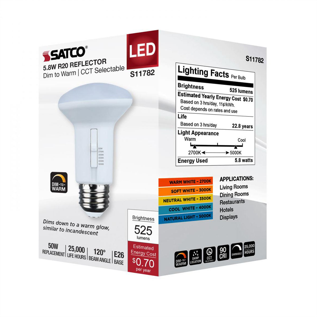 R20/BR20 LED Bulb, 6 Watts, 525 Lumens, Dim to Warm & CCT Selectable, E26 Medium Base, 120° Flood