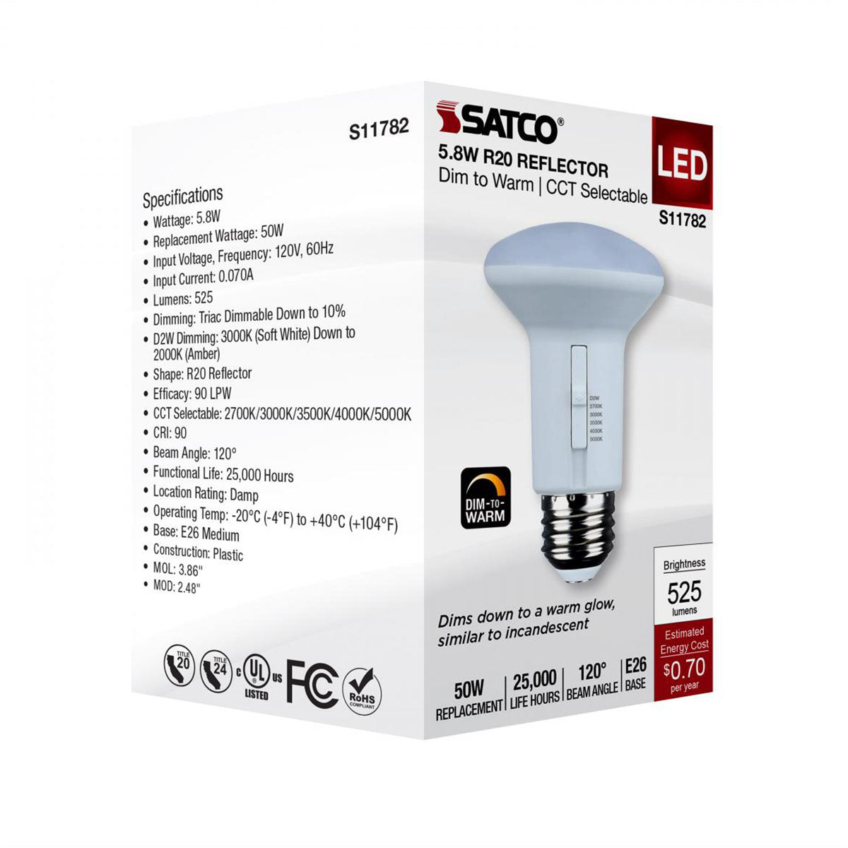 R20/BR20 LED Bulb, 6 Watts, 525 Lumens, Dim to Warm & CCT Selectable, E26 Medium Base, 120° Flood