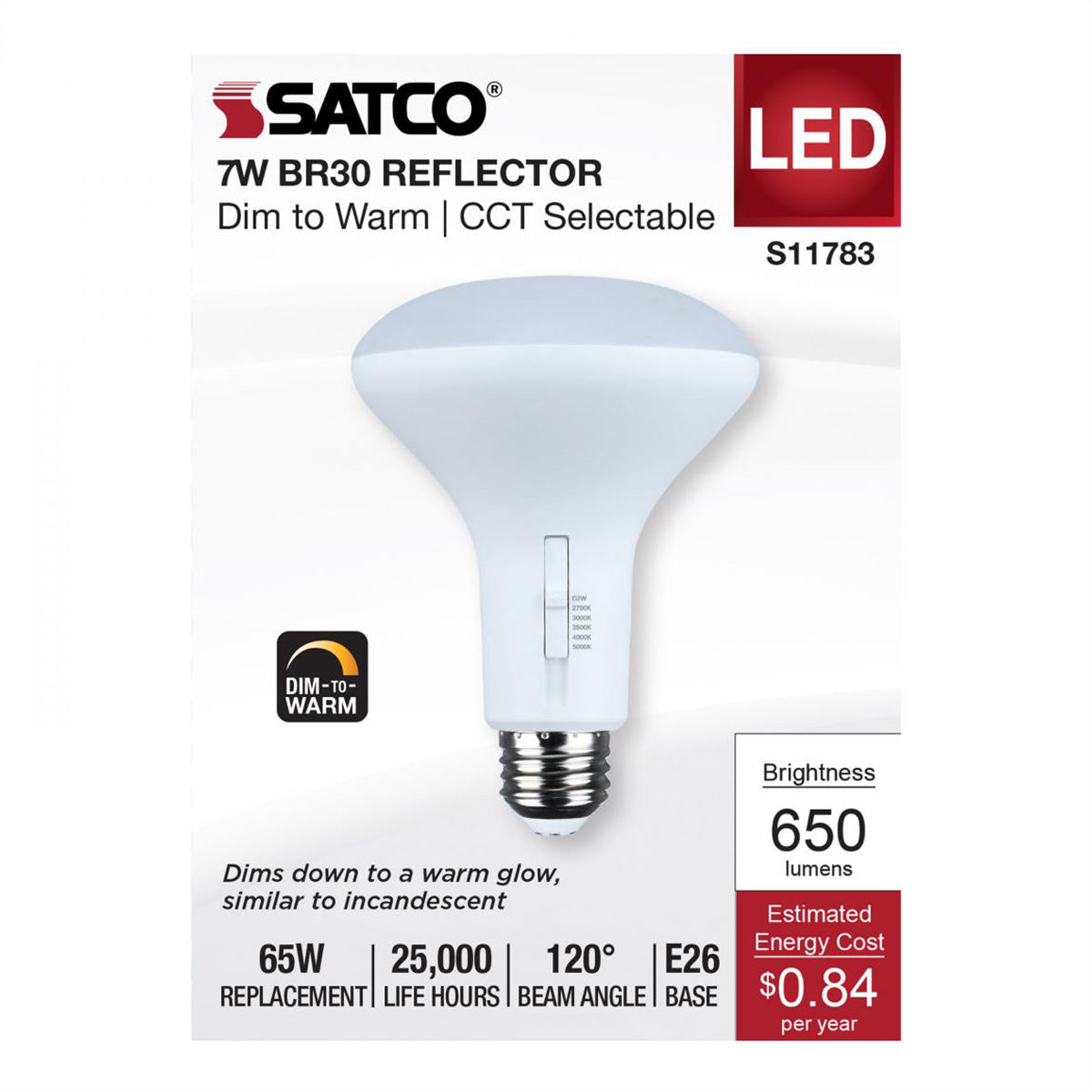 R30/BR30 LED Bulb, 7 Watts, 650 Lumens, Dim to Warm & CCT Selectable, E26 Medium Base, 120° Flood