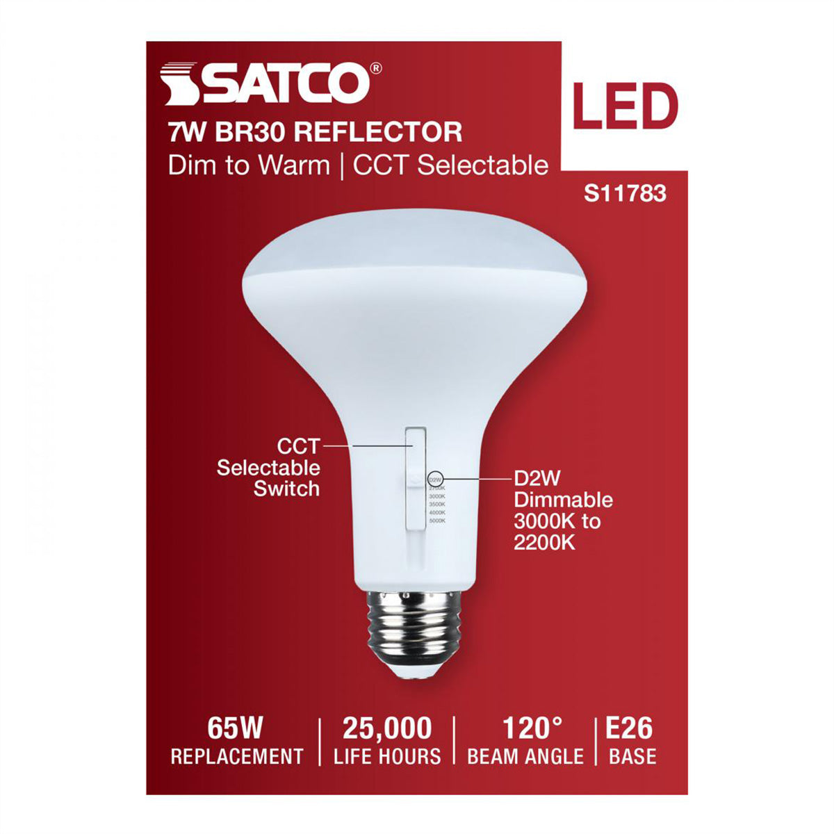 R30/BR30 LED Bulb, 7 Watts, 650 Lumens, Dim to Warm & CCT Selectable, E26 Medium Base, 120° Flood