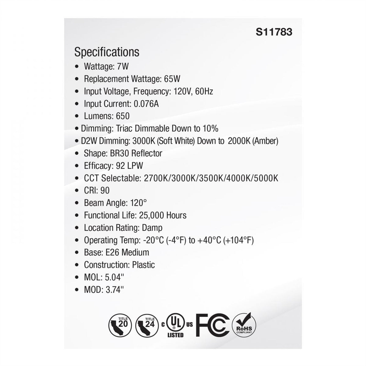 R30/BR30 LED Bulb, 7 Watts, 650 Lumens, Dim to Warm & CCT Selectable, E26 Medium Base, 120° Flood