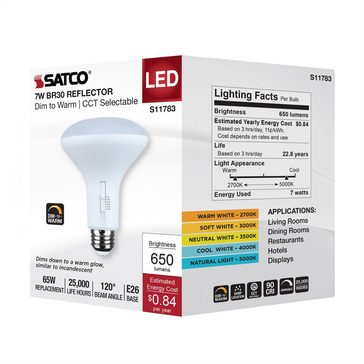 R30/BR30 LED Bulb, 7 Watts, 650 Lumens, Dim to Warm & CCT Selectable, E26 Medium Base, 120�� Flood