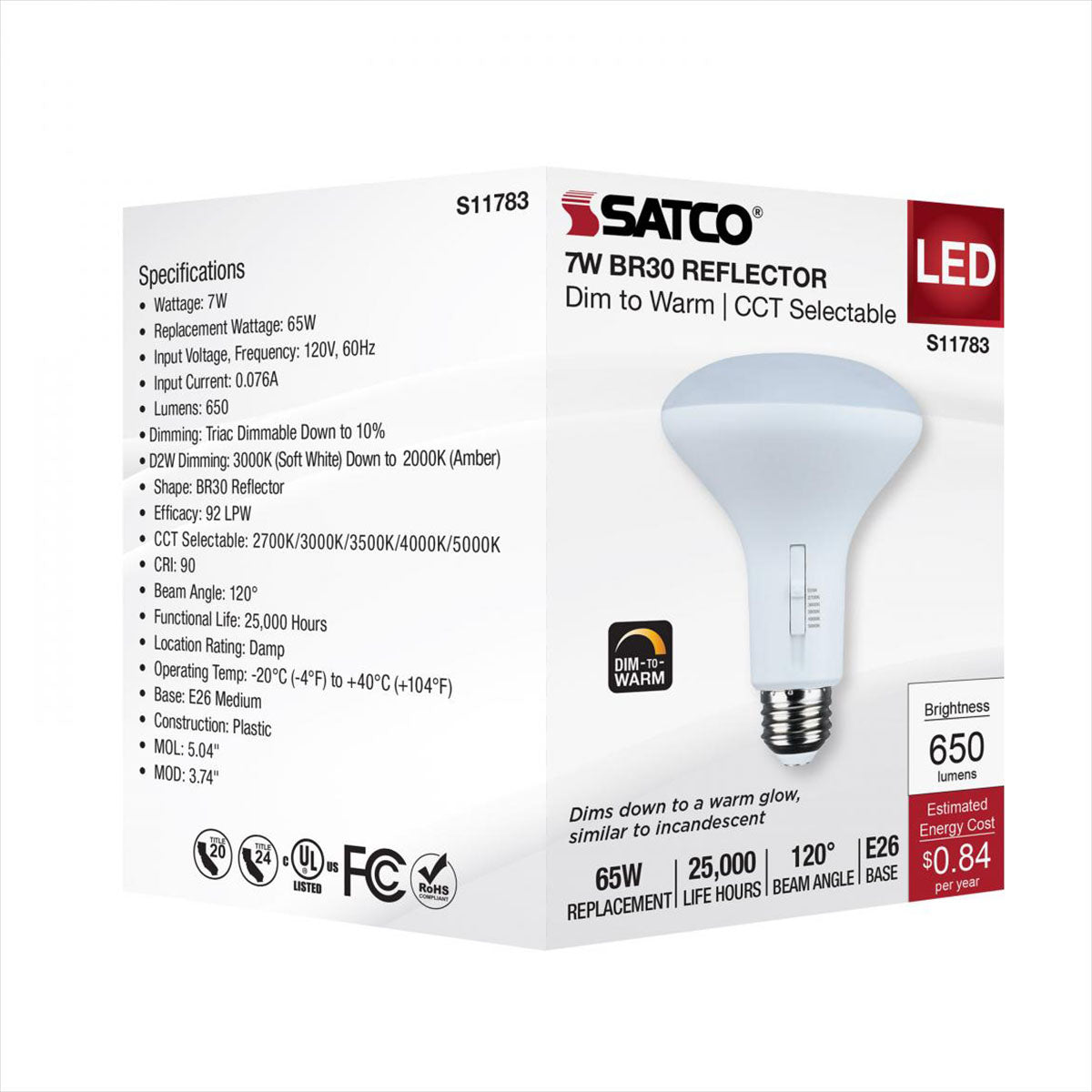 R30/BR30 LED Bulb, 7 Watts, 650 Lumens, Dim to Warm & CCT Selectable, E26 Medium Base, 120�� Flood