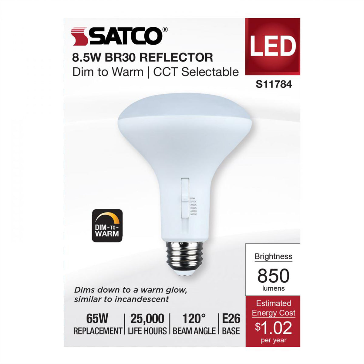 R30/BR30 LED Bulb, 9 Watts, 850 Lumens, Dim to Warm & CCT Selectable, E26 Medium Base, 120° Flood