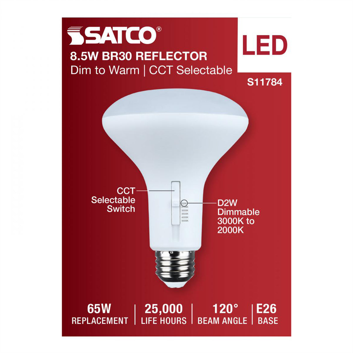 R30/BR30 LED Bulb, 9 Watts, 850 Lumens, Dim to Warm & CCT Selectable, E26 Medium Base, 120° Flood