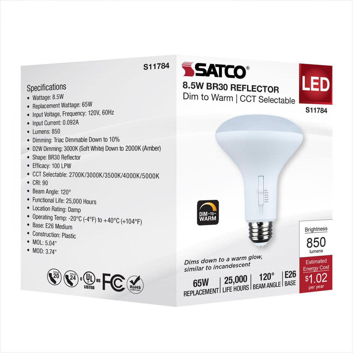 R30/BR30 LED Bulb, 9 Watts, 850 Lumens, Dim to Warm & CCT Selectable, E26 Medium Base, 120�� Flood