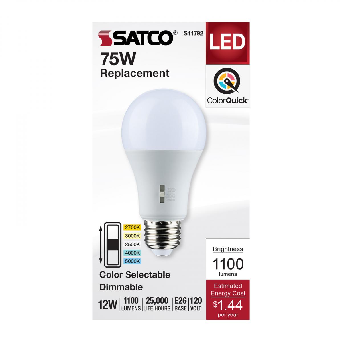 Dimmable A19 LED Bulb, 12 Watts, 1100 Lumens, 2700K to 5000K, 75W Equal, E26 Medium Base