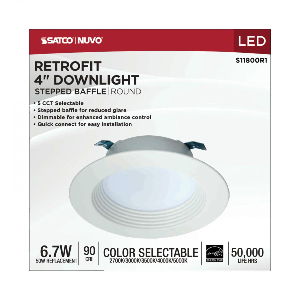 4 inch Retrofit LED Can Light, 7 Watts, 600 Lm, Selectable 2700K to 5000K, White Baffle Trim