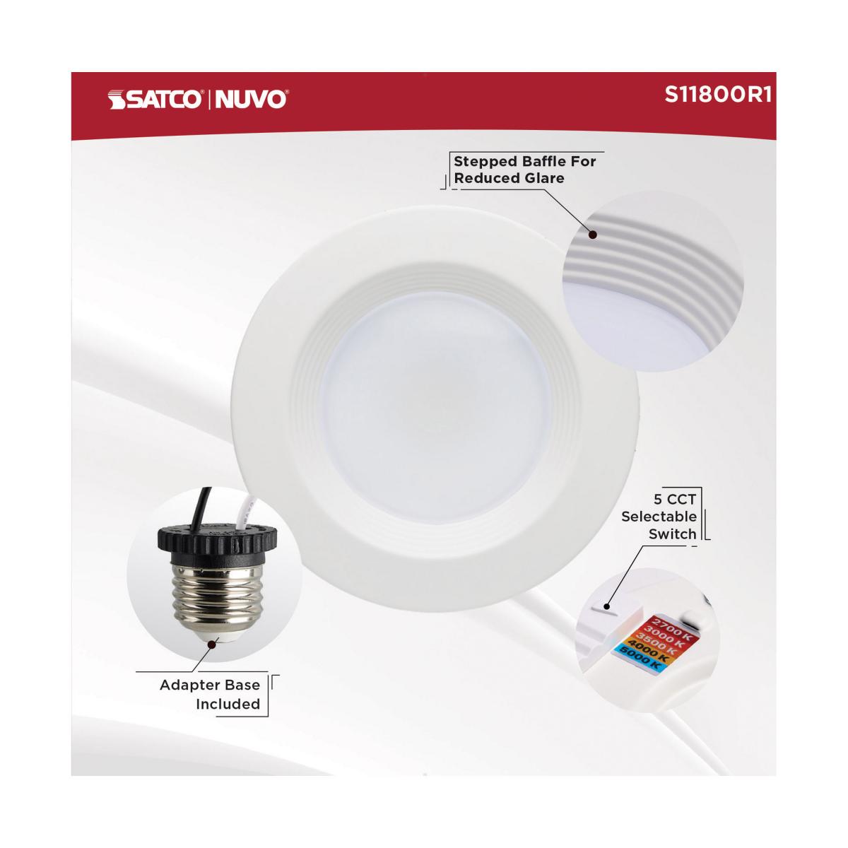 4 inch Retrofit LED Can Light, 7 Watts, 600 Lm, Selectable 2700K to 5000K, White Baffle Trim