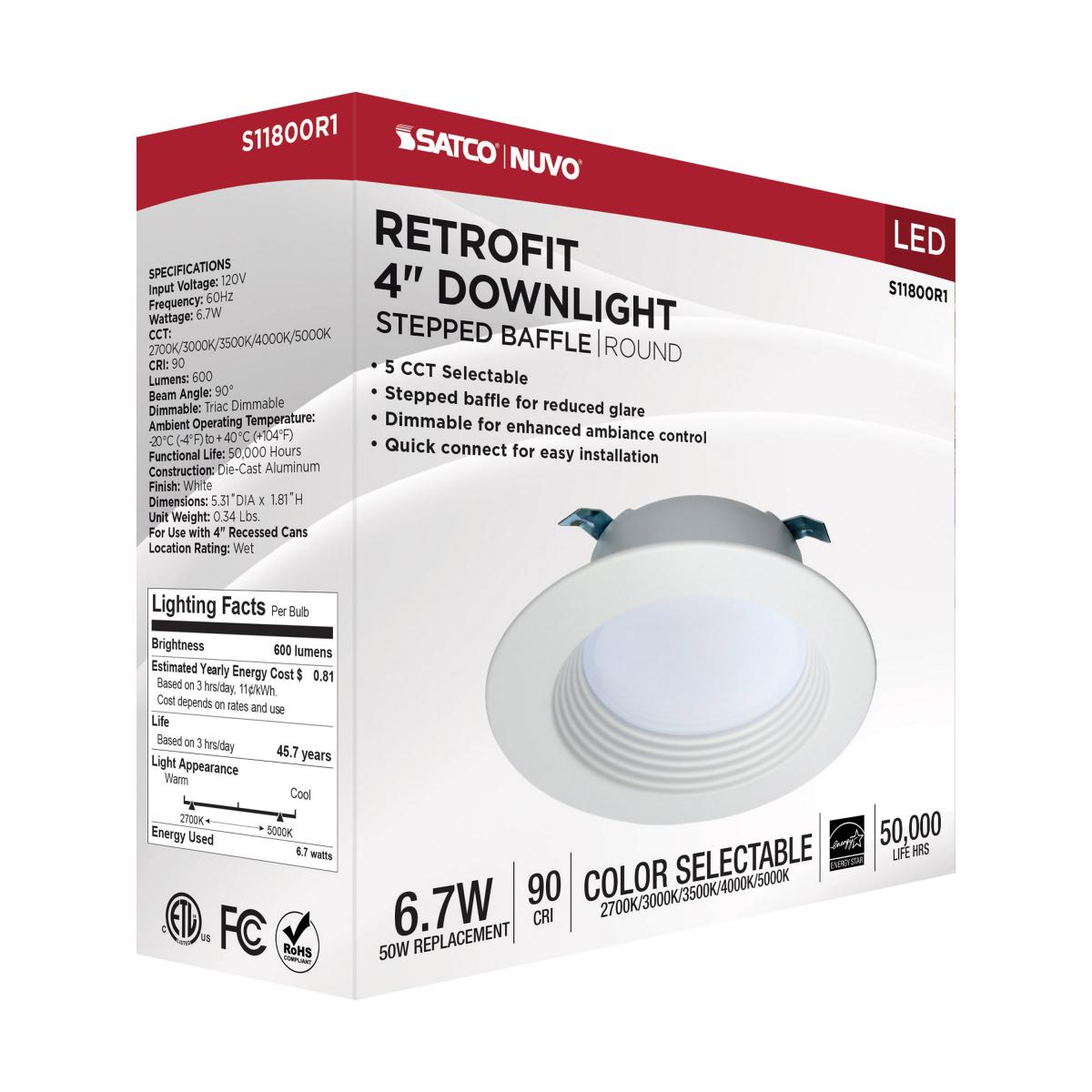 4 inch Retrofit LED Can Light, 7 Watts, 600 Lm, Selectable 2700K to 5000K, White Baffle Trim