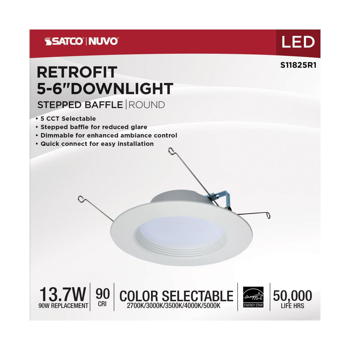 5/6 inch Round Retrofit LED Downlight, 14 Watts, 1200 Lumens, Selectable CCT, White Baffle Trim