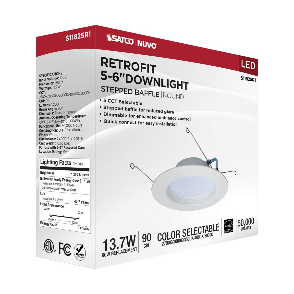 5/6 inch Round Retrofit LED Downlight, 14 Watts, 1200 Lumens, Selectable CCT, White Baffle Trim