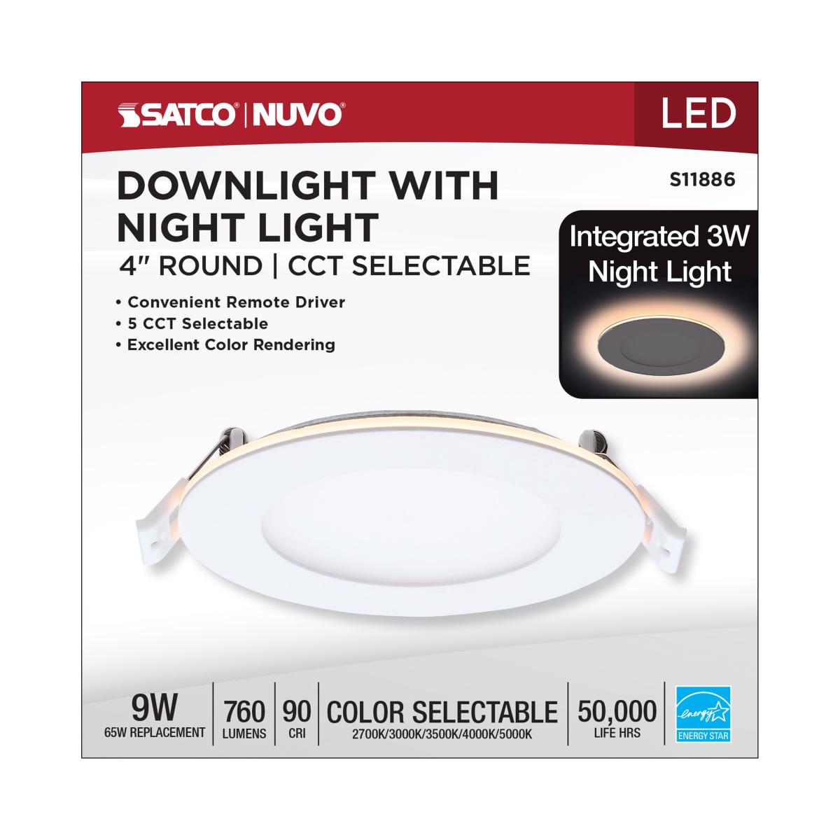 4" Round LED Recessed Downlight with Integrated Night Light, 9 Watts, 760 Lumens, Selectable CCT