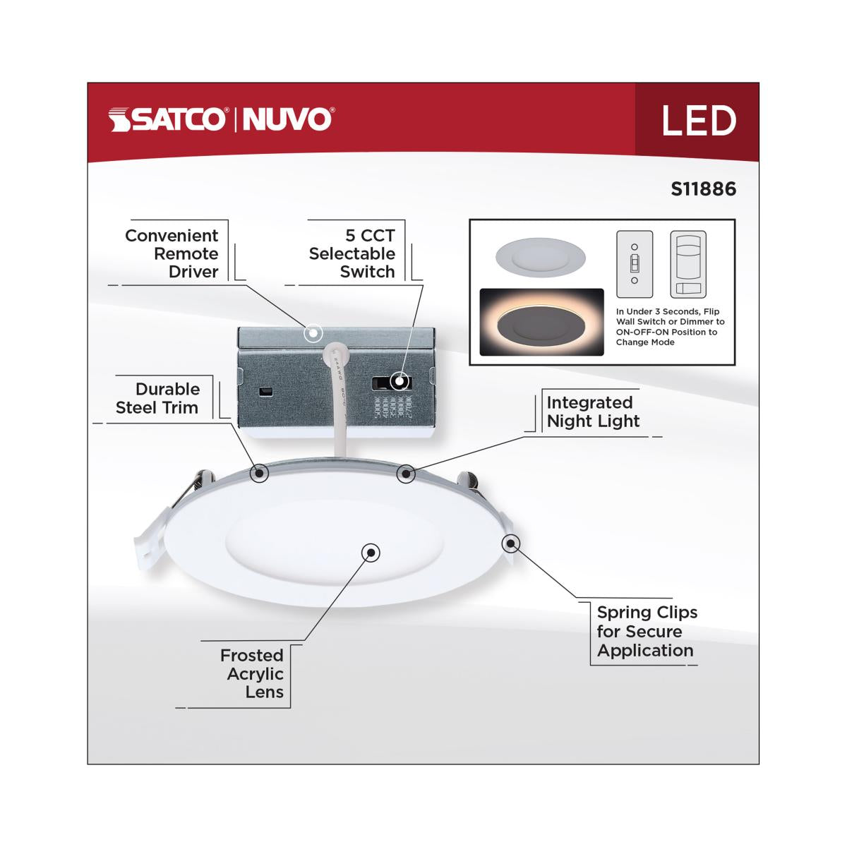 4" Round LED Recessed Downlight with Integrated Night Light, 9 Watts, 760 Lumens, Selectable CCT