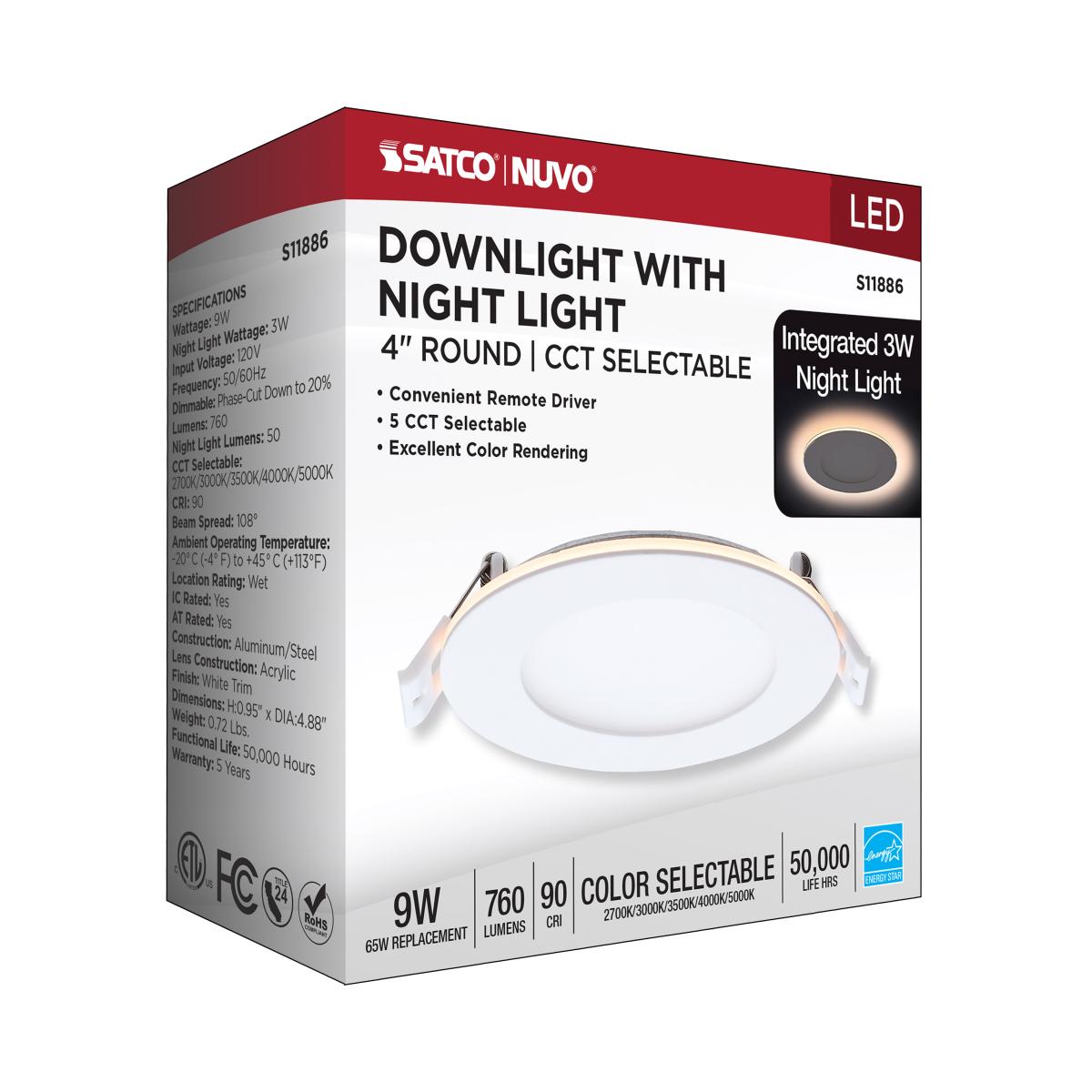 4" Round LED Recessed Downlight with Integrated Night Light, 9 Watts, 760 Lumens, Selectable CCT