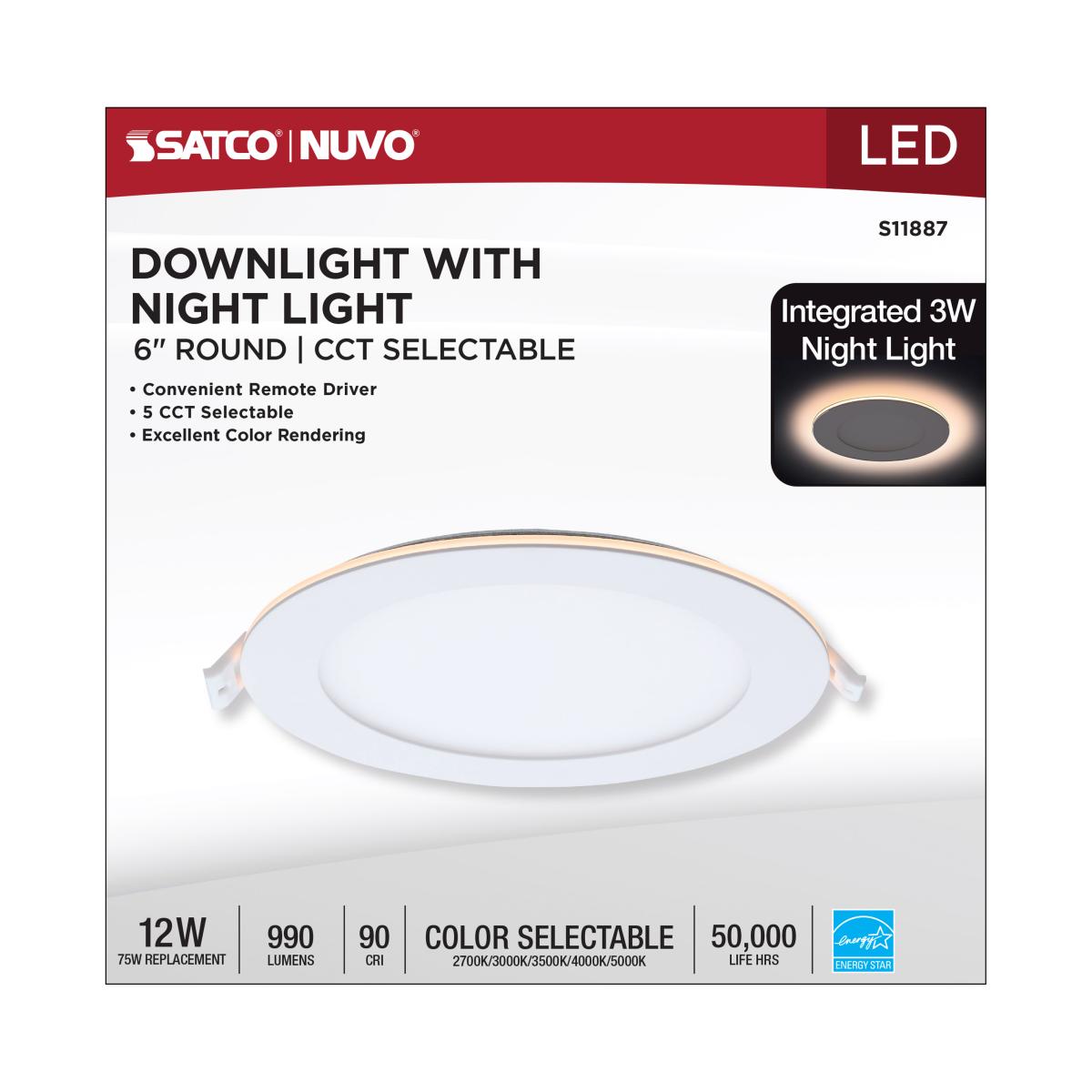 6" Round LED Recessed Downlight with Integrated Night Light, 12 Watts, 1000 Lumens, Selectable CCT