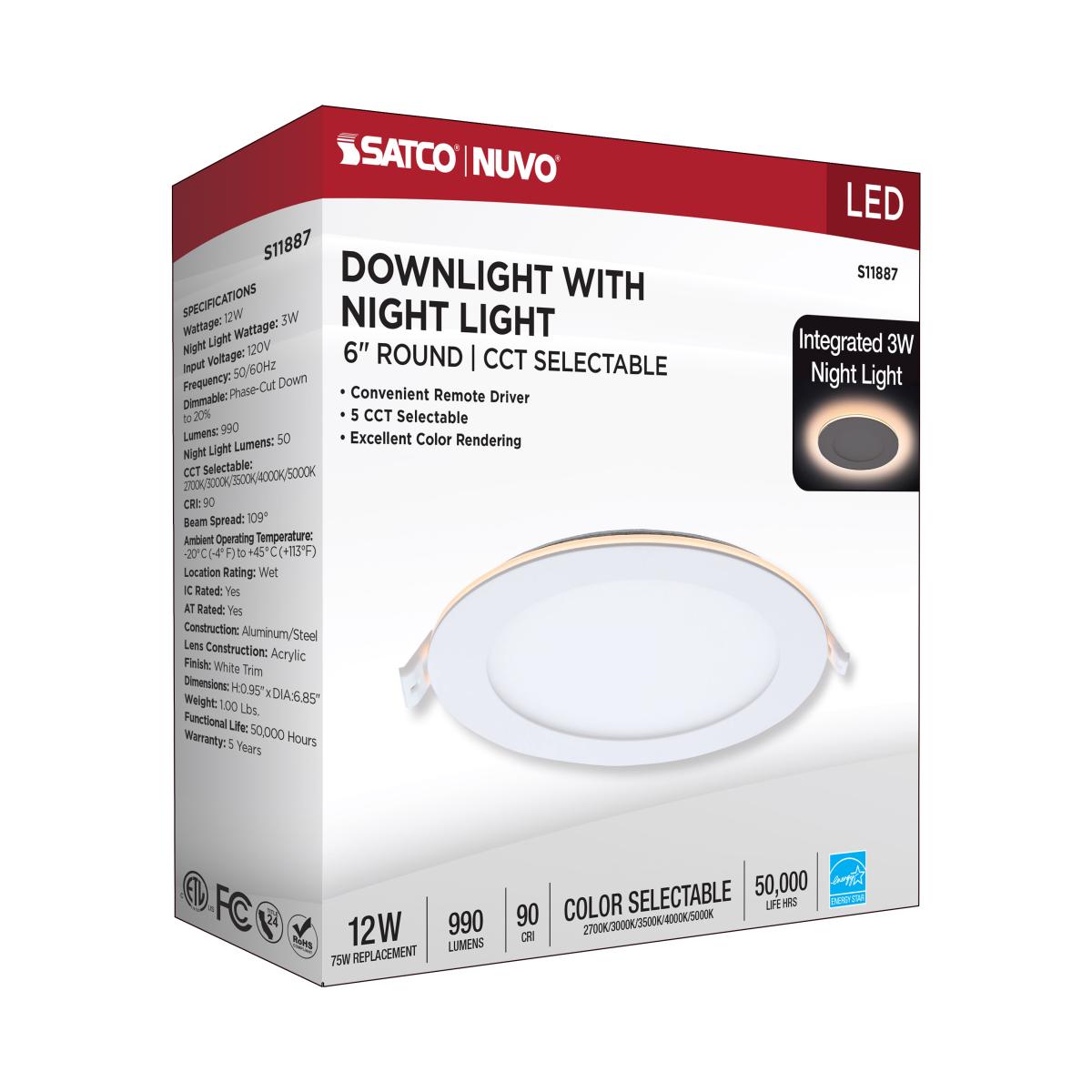 6" Round LED Recessed Downlight with Integrated Night Light, 12 Watts, 1000 Lumens, Selectable CCT