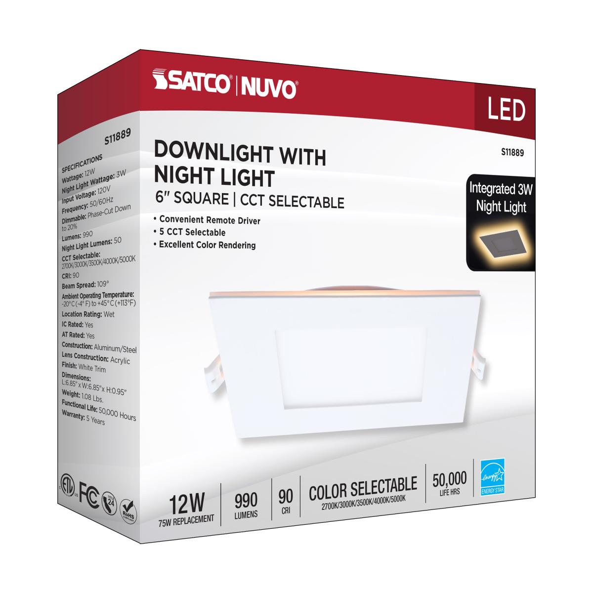 6" Square LED Recessed Downlight with Integrated Night Light, 12 Watts, 1000 Lumens, Selectable CCT